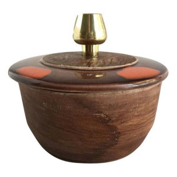 Mid Century Modern Lidded Pottery Dish with Gold - Picture 3 of 7